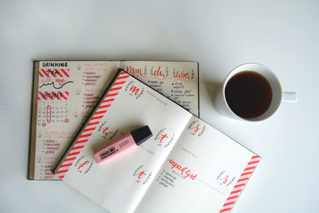 goals, notebook, coffee, notebook, planner